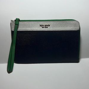 Kate Spade• Cameron• Leather•Navy, White, Green L-Zip Wristlet Pouch